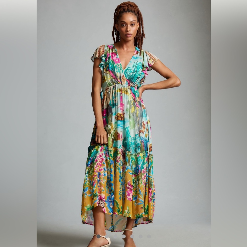 Anthropologie Blue and Yellow flutter Tiered V Neck Maxi Dress